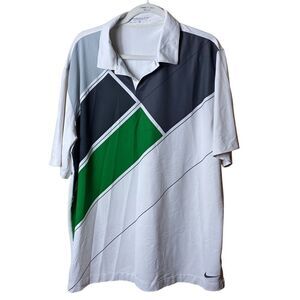Nike Golf Men’s Sz XL White Gray Green DriFit Swoosh Athletic Polo Shirt